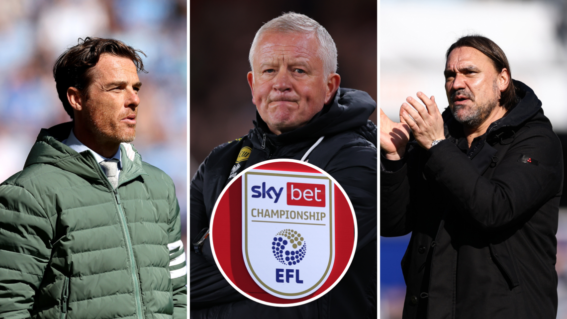 Three-way split image of Burnley's Scott Parker, Sheffield United's Chris Wilder, and Leeds United's Daniel Farke. Inset, EFL Championship logo.