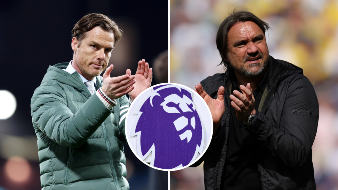 Split image of Burnley manager Scott Parker and Leeds manager Daniel Farke. Inset, Premier League logo.
