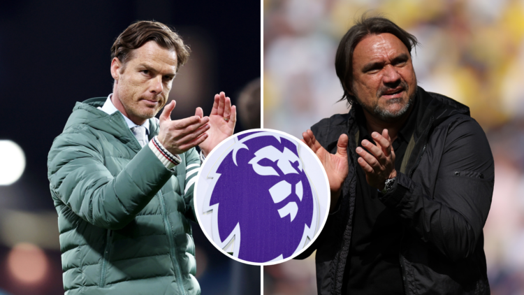 Split image of Burnley manager Scott Parker and Leeds manager Daniel Farke. Inset, Premier League logo.