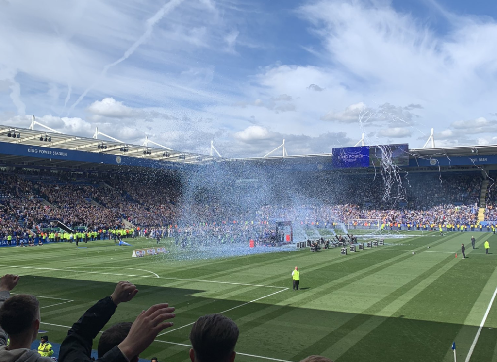 Leicester City fans celebrate winning the Championship in 2024.