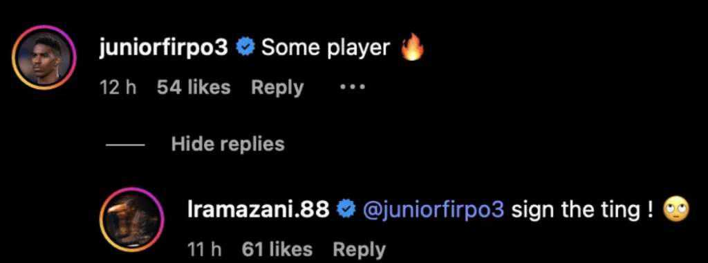 Screenshot of Instagram comment between Junior Firpo and Largie Ramazani.