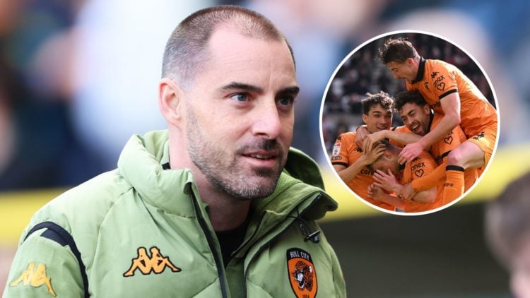 An image of Ruben Selles with an inset of Joe Gelhardt surrounded by Hull City players.