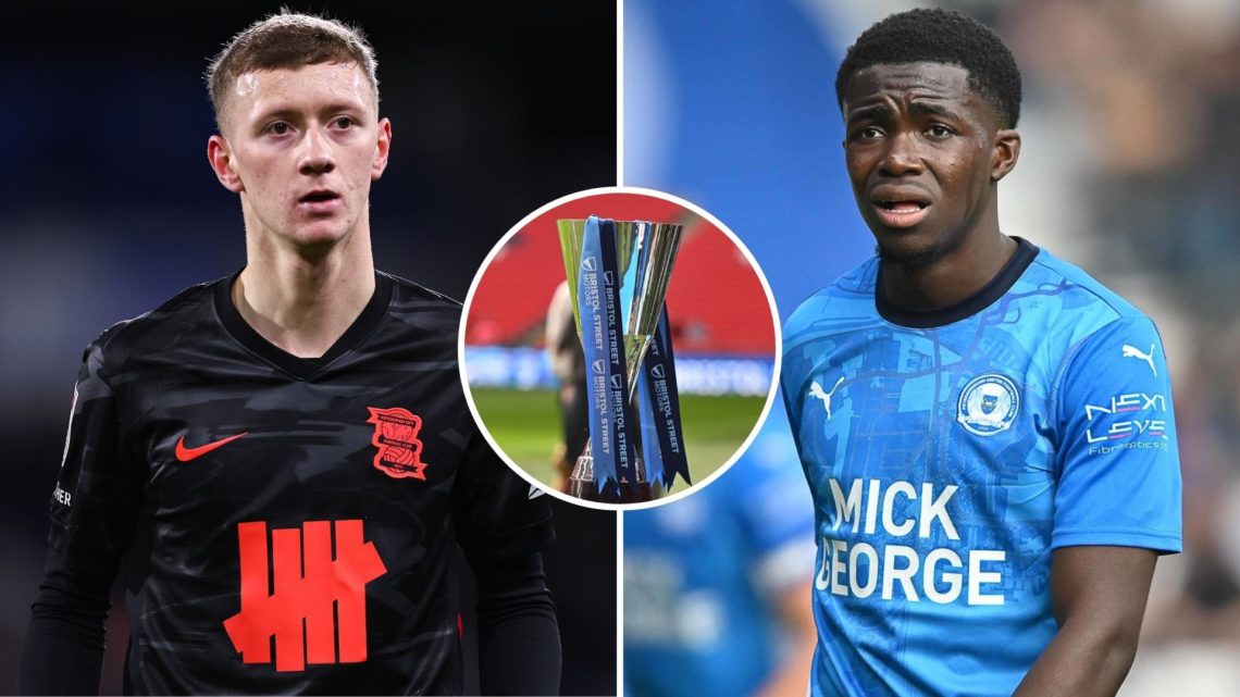 Split image of: Jay Stansfield of Birmingham City during the Sky Bet League One match between Huddersfield Town AFC and Birmingham City, and Kwame ...