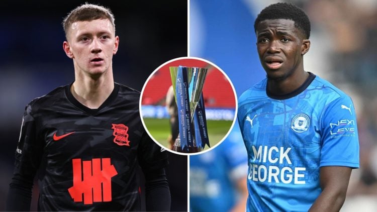 Split image of: Jay Stansfield of Birmingham City during the Sky Bet League One match between Huddersfield Town AFC and Birmingham City, and Kwame ...