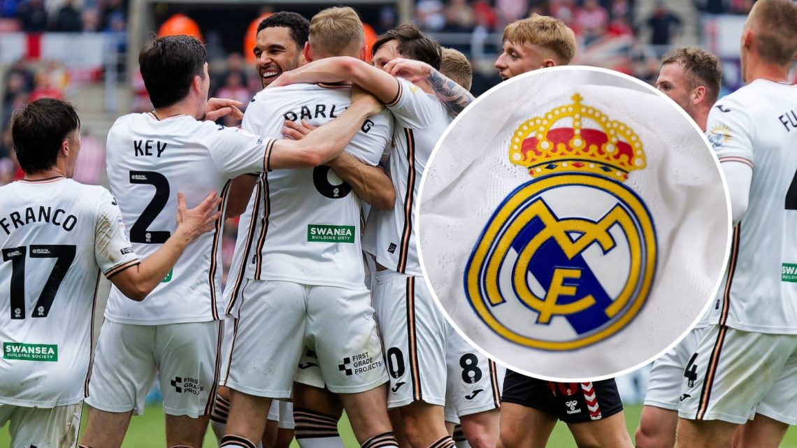 Swansea City players celebrate a goal scored by Ben Cabango. An inset of the Real Madrid club badge.