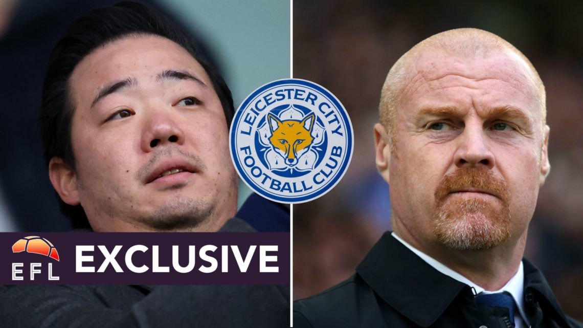 Sean Dyche, Manager of Everton, looks on. Jon Rudkin, Sporting Director of Leicester City, speaks with Aiyawatt Srivaddhanaprabha, Chief Executive ...
