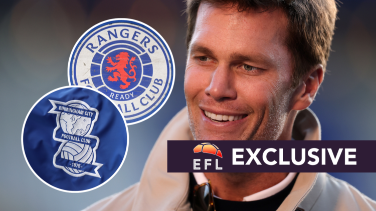 Birmingham City owner Tom Brady. Inset, Birmingham badge and Rangers badge. Overlaid, exclusive branding.