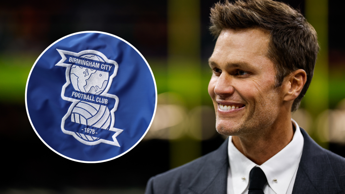 Composition image of Tom Brady, inset Birmingham City badge.