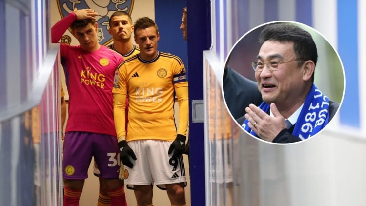 Jamie Vardy of Leicester City, Mads Hermansen of Leicester City and Conor Coady of Leicester City ahead of the Sky Bet Championship match between S...