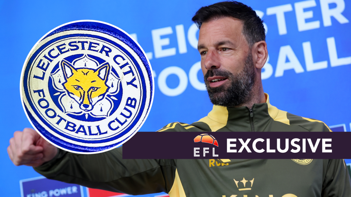 Ruud van Nisterlooy greats the media during a press conference, inset of the Leicester City badge on the front of a home shirt