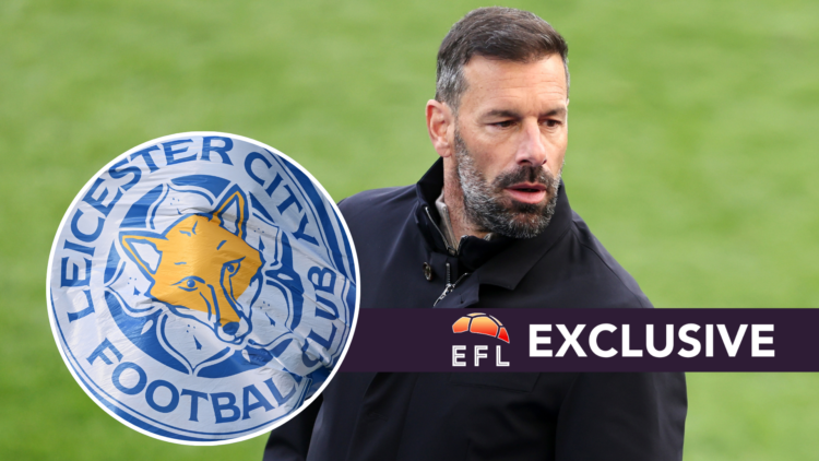 Leicester City manager Ruud van Nistelrooy reacts after relegation from the Premier League is confirmed, inset of the Leicester City badge