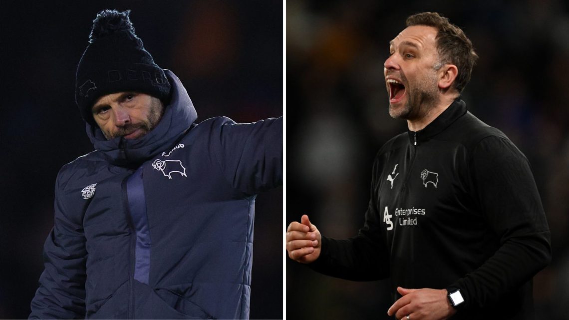 Split image of Paul Warne, Manager of Derby County, waving to the Derby fans, and current Derby manager John Eustace during the Sky Bet Championshi...