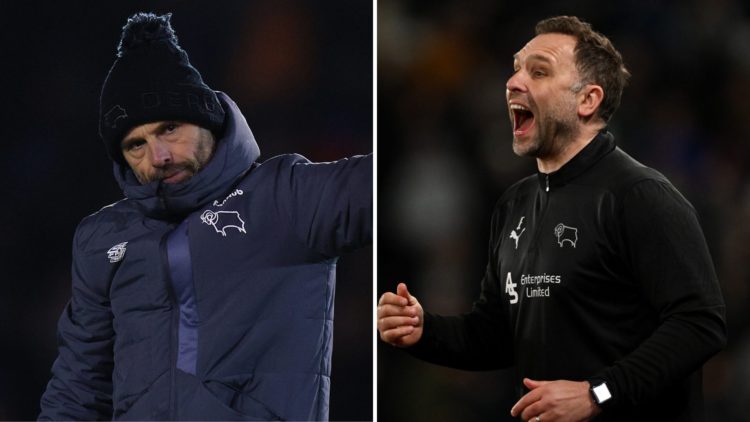 Split image of Paul Warne, Manager of Derby County, waving to the Derby fans, and current Derby manager John Eustace during the Sky Bet Championshi...