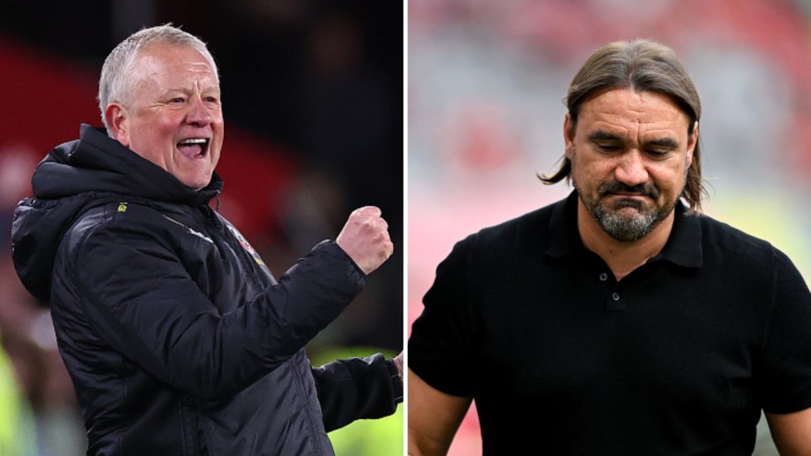 Split image, (L) Chris Wilder the head coach / manager of Sheffield United celebrates his teams third goal during the Sky Bet Championship match be...