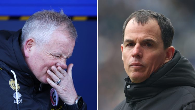 Split image, (L) Chris Wilder, Manager of Sheffield United FC reacts during the Sky Bet Championship match between Oxford United FC and Sheffield U...