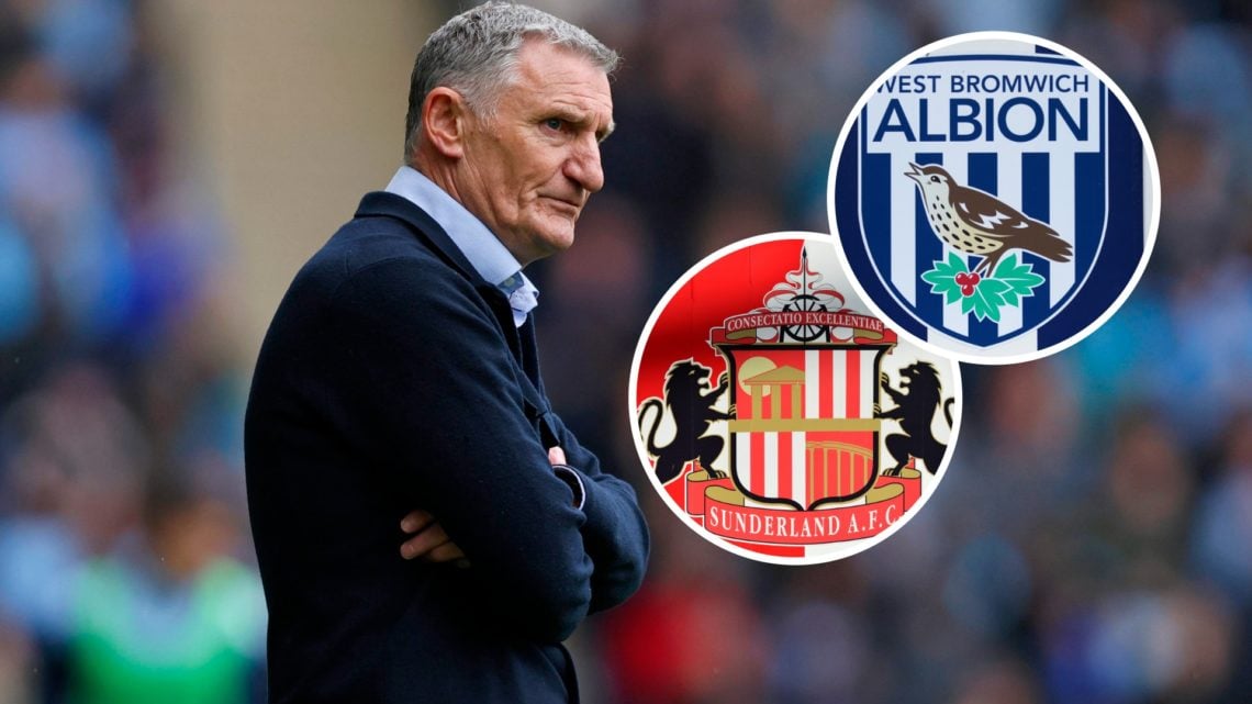Tony Mowbray with inset of West Bromwich Albion and Sunderland badges