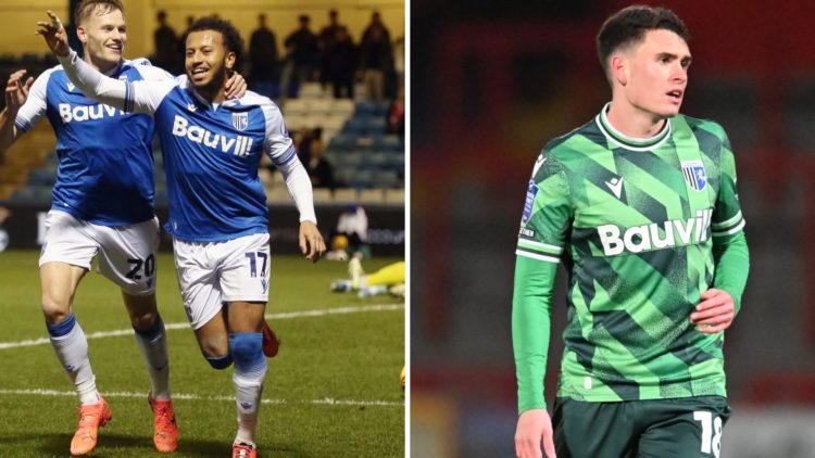 Gillingham's Jayden Clarke [L] celebrates scoring a goal, Marcus Wyllie [R] in action for Gillingham in the EFL Trophy