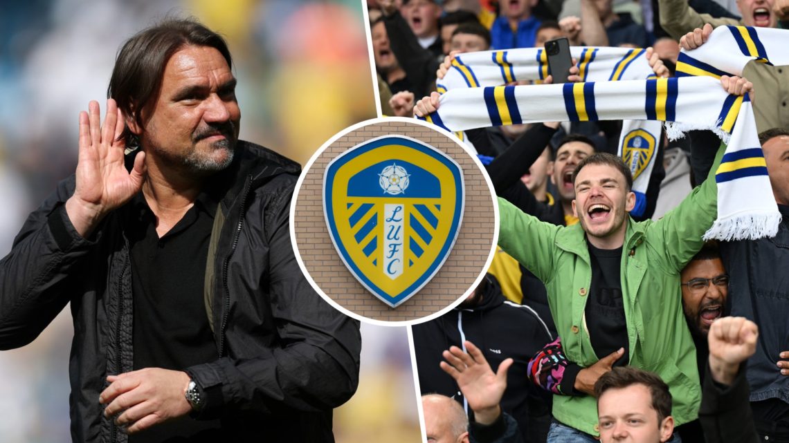Daniel Farke, Leeds United badge and Leeds United fans
