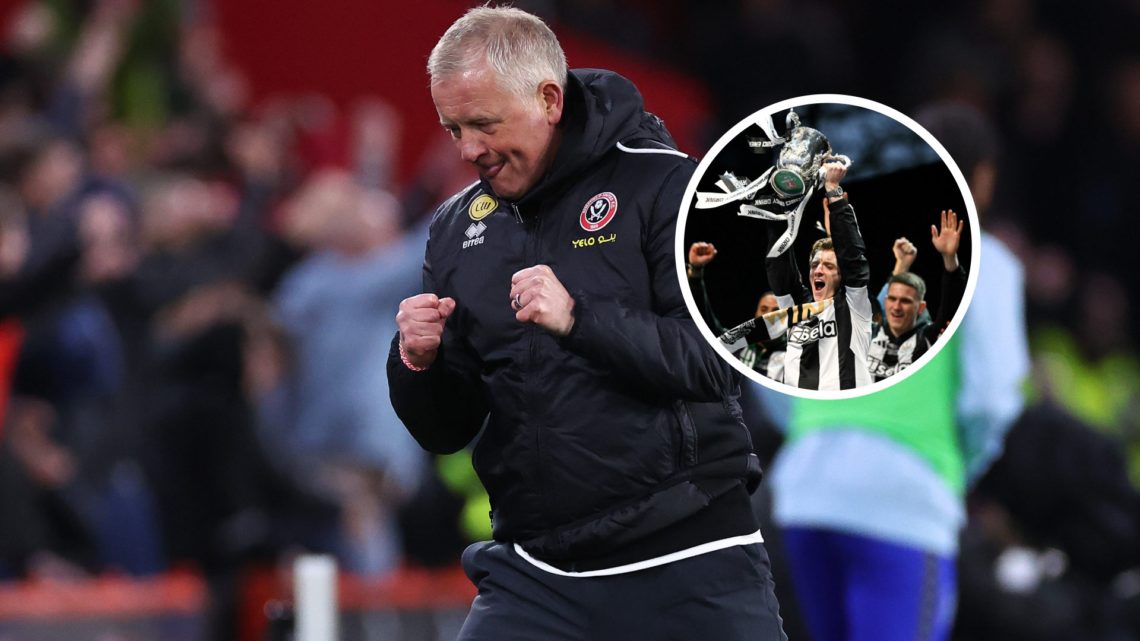 Sheffield United manager Chris Wilder. Inset, Anthony Gordon celebrates Newcastle United's Carabao Cup win.