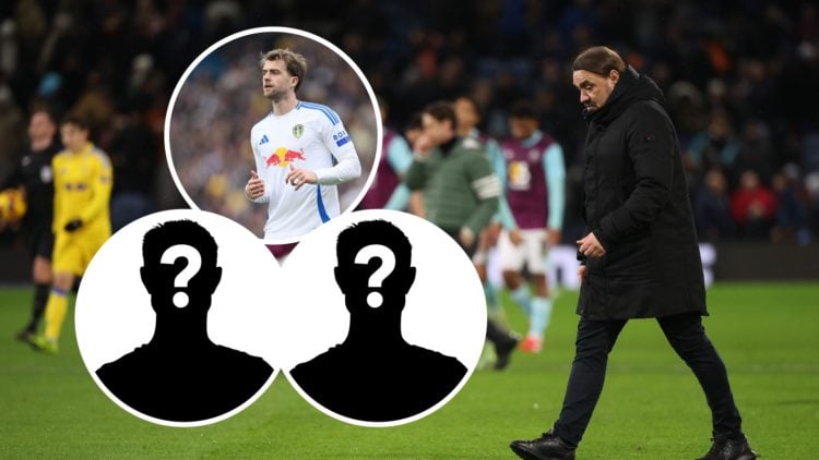 An image of Daniel Farke with insets of Patrick Bamford and mystery players