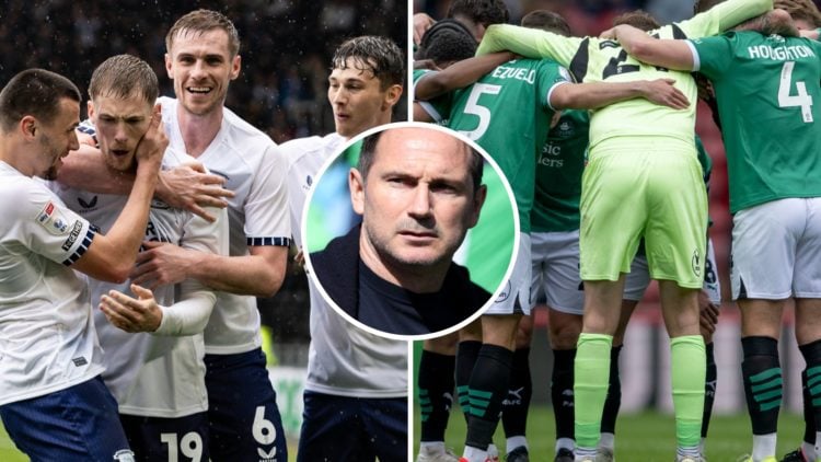 Lewis Gibson celebrates scoring for Preston, an inset of Coventry manager Frank Lampard, Plymouth Argyle's players have a team talk before their game