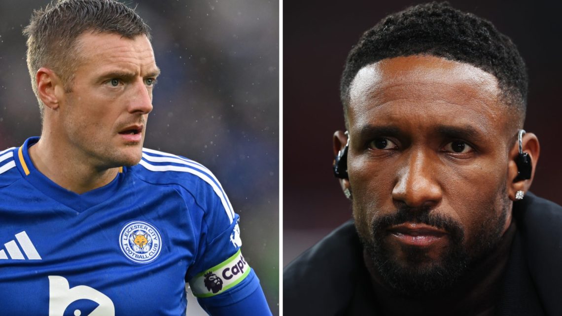 Jamie Vardy of Leicester looks on during the Premier League match between Leicester City FC and Chelsea. Jermain Defoe looks on prior to the UEFA E...