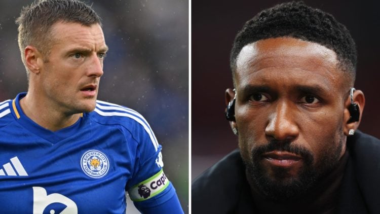 Jamie Vardy of Leicester looks on during the Premier League match between Leicester City FC and Chelsea. Jermain Defoe looks on prior to the UEFA E...