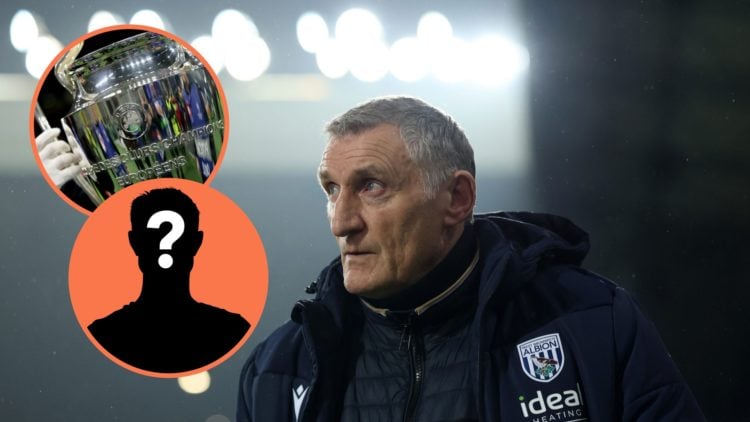 West Brom managerTony Mowbray watches on from the touchline during a Championship, inset of the Champions League trophy and a mystery player