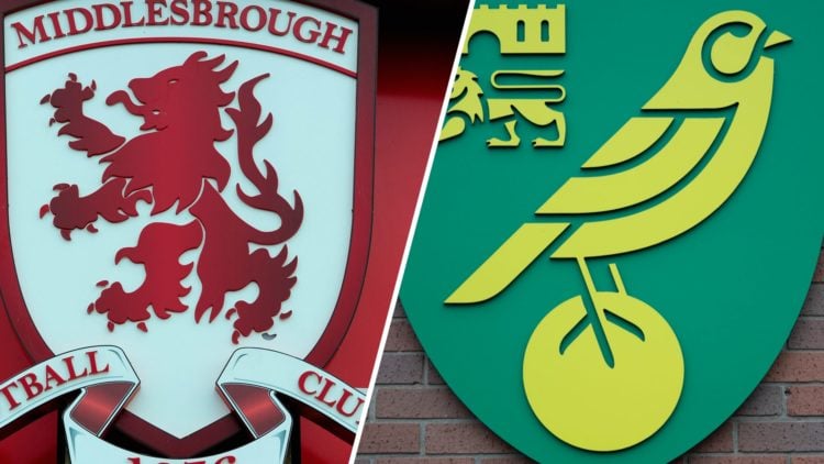 Middlesbrough sign is seen outside the Riverside Stadium, home of Middlesbrough Football Club on March. detailed view of a Norwich City crest is se...