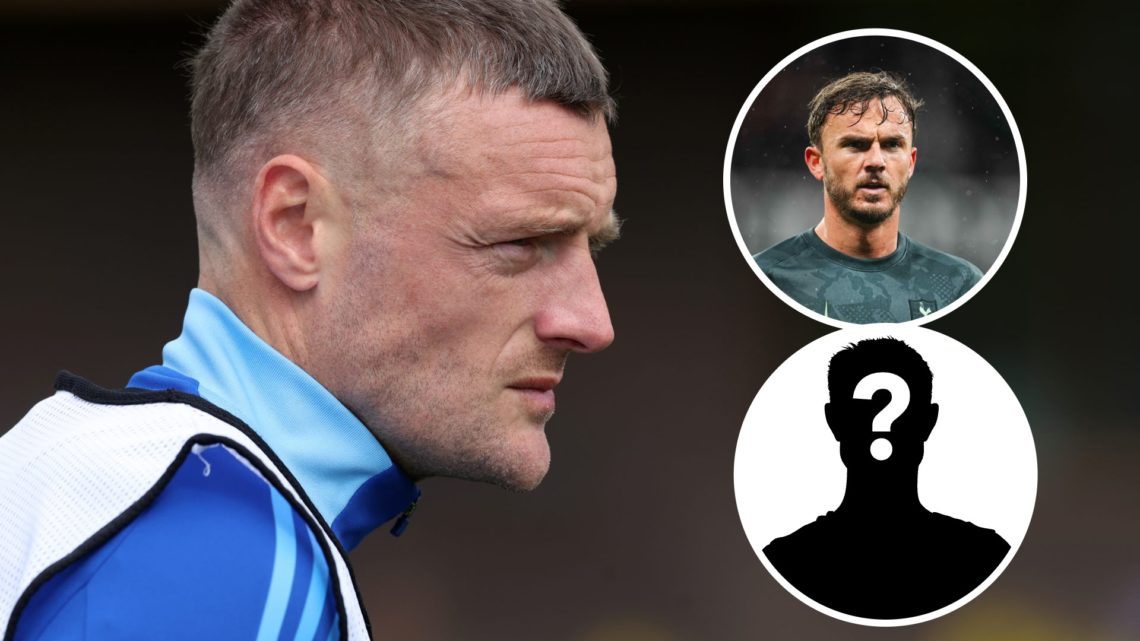 An image of Jamie Vardy with insets of James Maddison and a mystery player