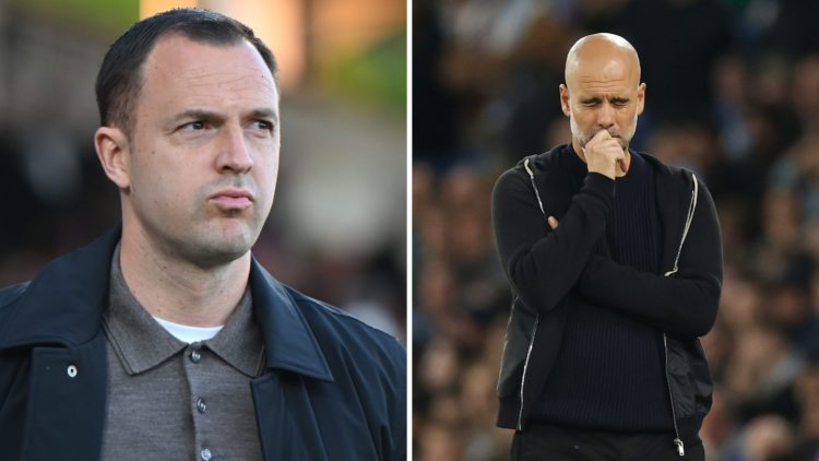 Birmingham City during the Sky Bet League 1 match between Stevenage and Birmingham City. Pep Guardiola, Manager of Manchester City, reacts during t...