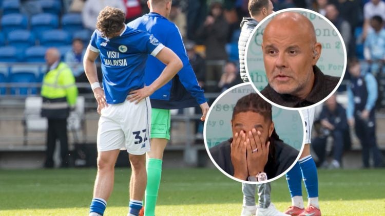 Cardiff City players react to their relegation from the Championship, inset one is BBC presenter Jason Mohamed reacting to the Cardiff relegation. ...