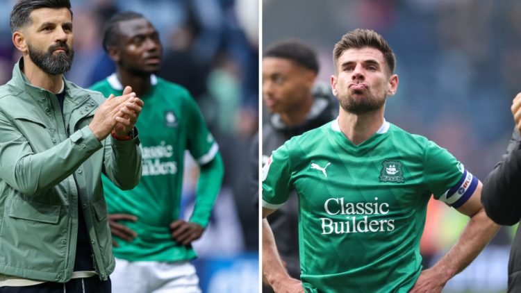 Miron Muslic thanks the Plymouth Argyle fans (L), Plymouth Argyle players look dejected after results against Preston North End