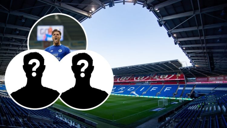 A general view of Cardiff City's home ground, an inset of Cardiff City winger Ollie Tanner and an inset of a mystery man