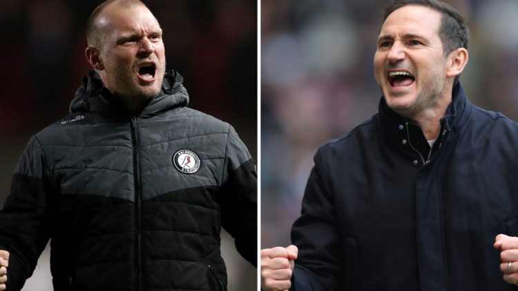 Bristol City manager Liam Manning (L) celebrates a win, Coventry City manager Frank Lampard (R) reacts after a win