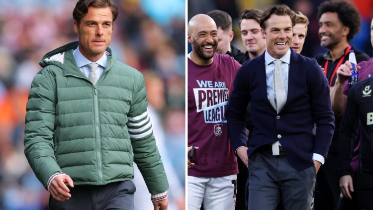 Scott Parker (L) watches on from the touchline during a game, Scott Parker celebrates promotion to the Premier League with his Burnley players