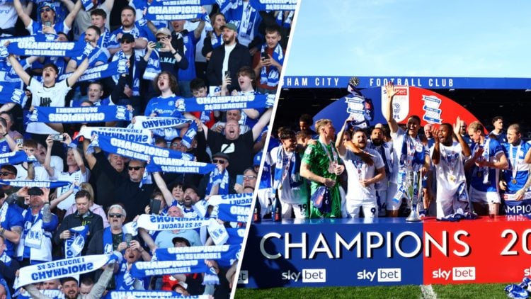 Birmingham City fans (L) watch on as their players lift the League One title, Birmingham City players (R) lift the League One title