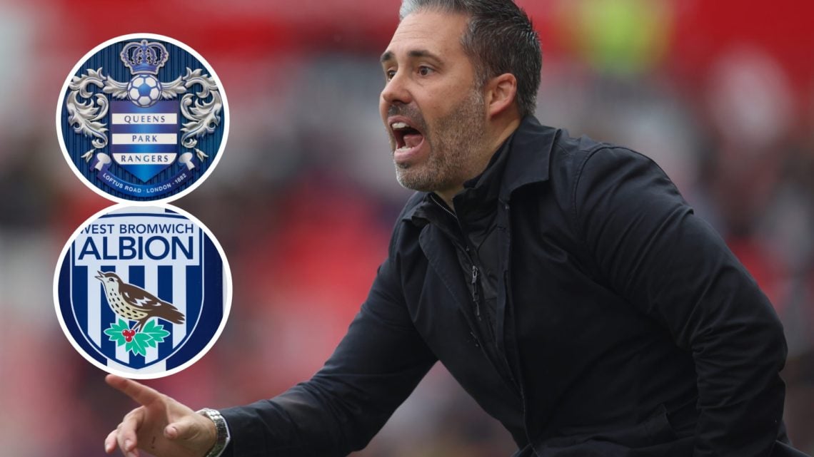 Marti Cifuentes instructs his QPR team during a game, inset of the QPR badge and an inset of the West Brom badge