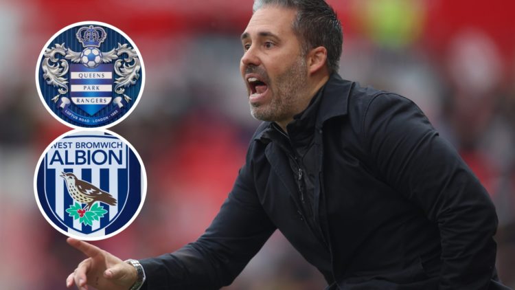Marti Cifuentes instructs his QPR team during a game, inset of the QPR badge and an inset of the West Brom badge