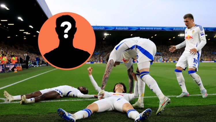 Leeds United players celebrate a goal vs Bristol City. Inset, mystery player graphic.