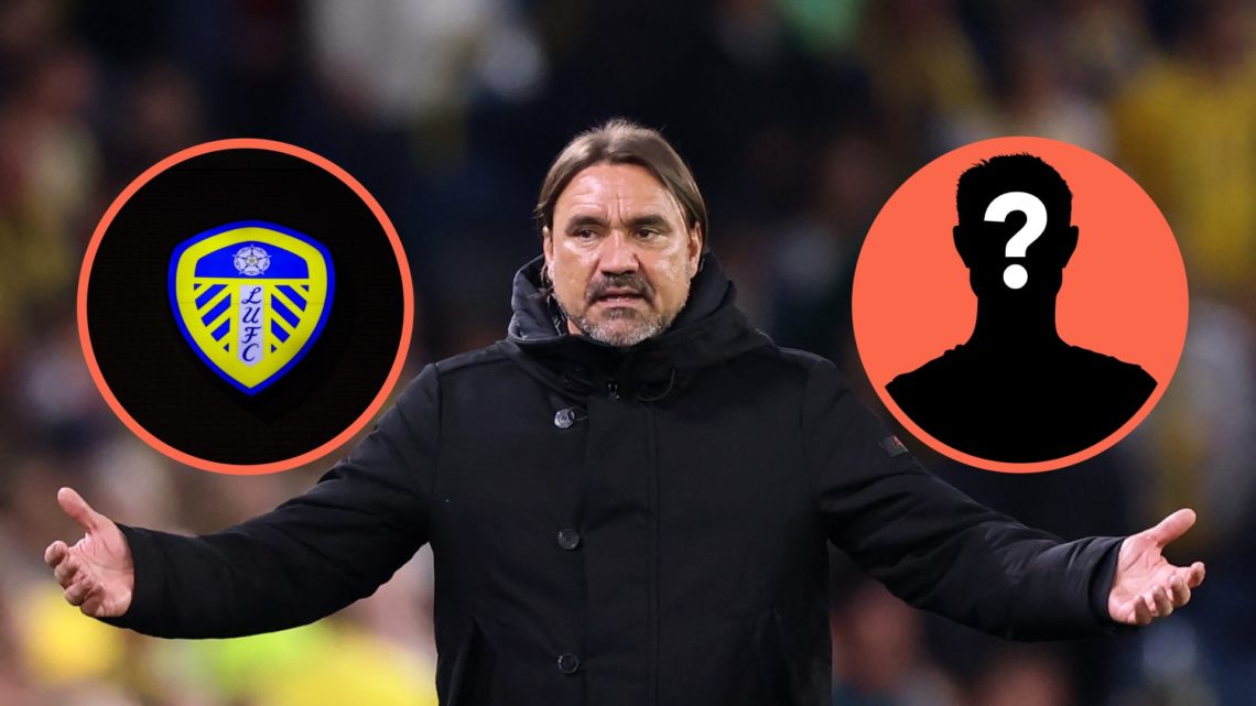 Leeds United manager Daniel Farke. Inset, Leeds United badge and a mystery player graphic.