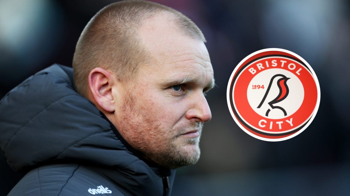 Bristol City manager Liam Manning. Inset, Bristol City badge.