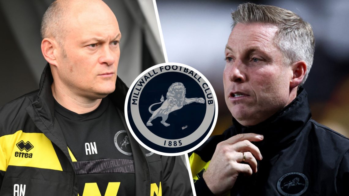 Split image of Alex Neil (L) and Neil Harris (R). Inset, Millwall badge.