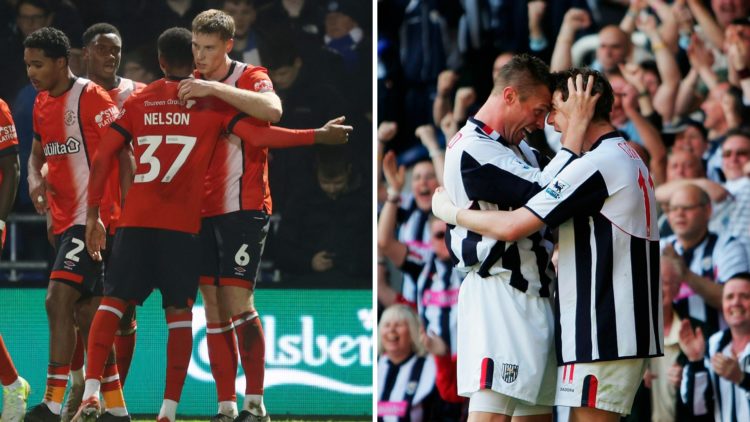Luton Town's players celebrate scoring a goal, West Brom celebrate securing Premier League survival
