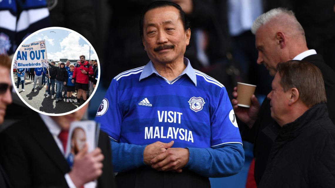 An image of Vincent Tan with an inset of Cardiff City fans