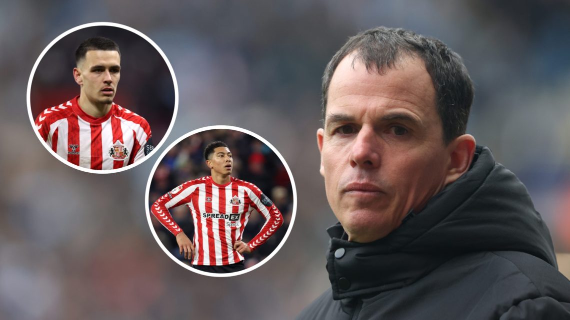 Sunderland head coach Regis Le Bris and inset, Enzo Le Fee and Jobe Bellingham