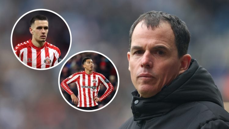 Sunderland head coach Regis Le Bris and inset, Enzo Le Fee and Jobe Bellingham