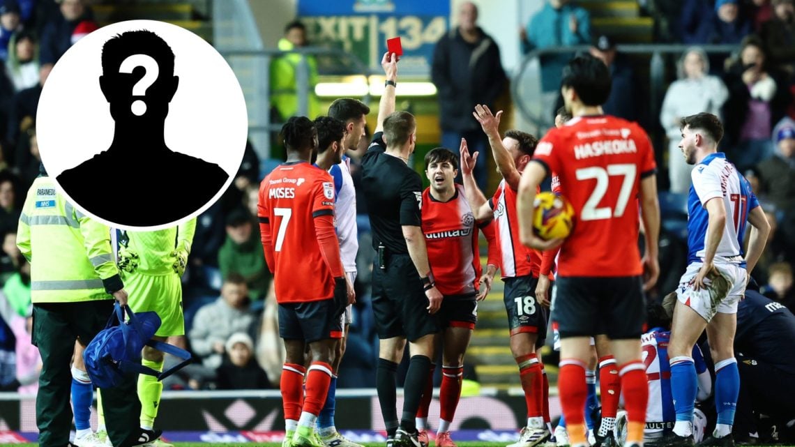 Luton Town midfielder Liam Walsh is shown a red card against Blackburn Rovers, an inset of a mystery man