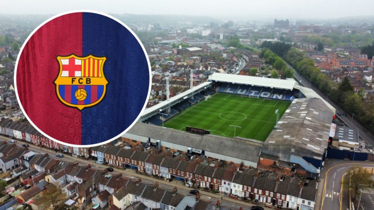 A general view of Luton Town's home stadium Kenilworth Road, an inset of the Barcelona badge on the front of a shirt