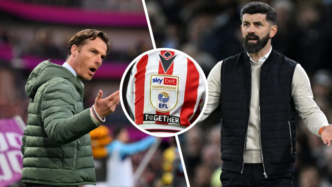 Split image of Burnley manager Scott Parker and Plymouth manager Miron Muslic. Inset, Championship logo on a Stoke City shirt.